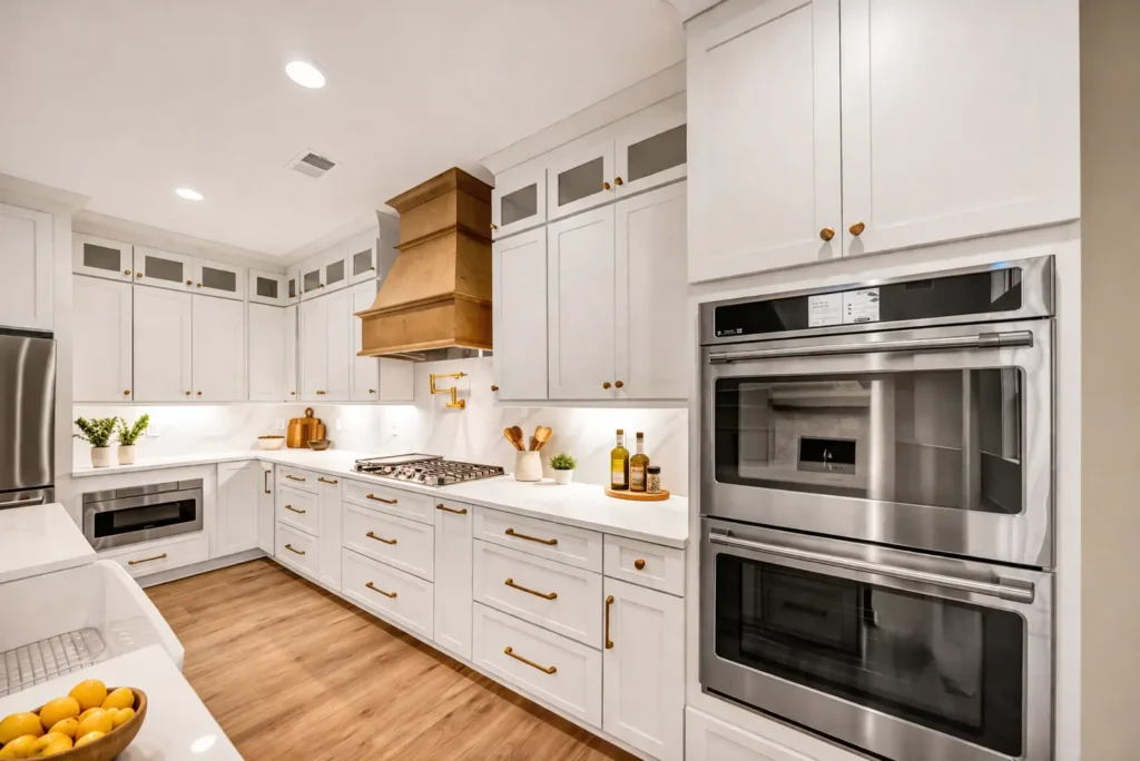 Kitchen with white cabinetry, a wood range hood and a large island