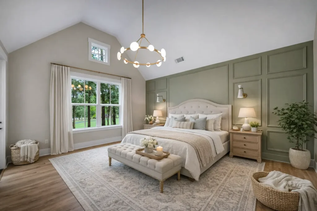 Bedroom with a vaulted ceiling, green paneled accent wall and large window