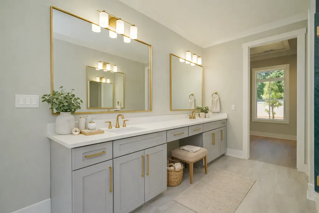 Bathroom vanity with white cabinetry and framed mirrors