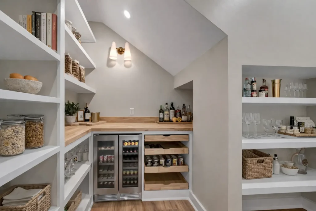 AI-assisted pantry illustration with open shelves, countertop storage and glass-front beverage coolers