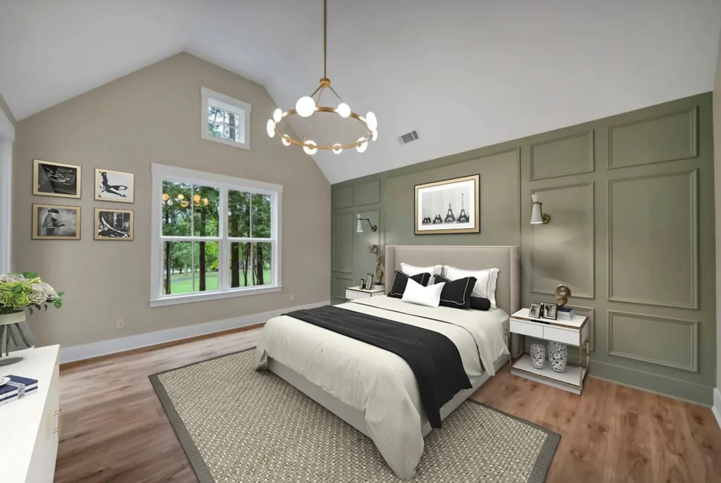 AI-staged bedroom illustration with paneled accent wall, large windows and a chandelier