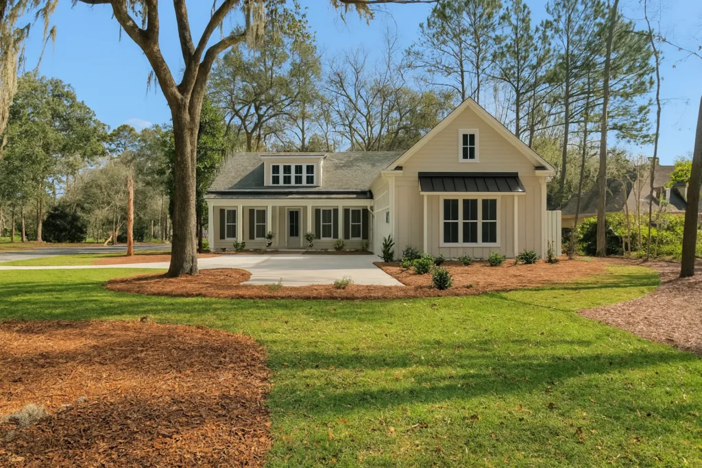 Light-colored home with a covered front porch, gabled roof and mature trees